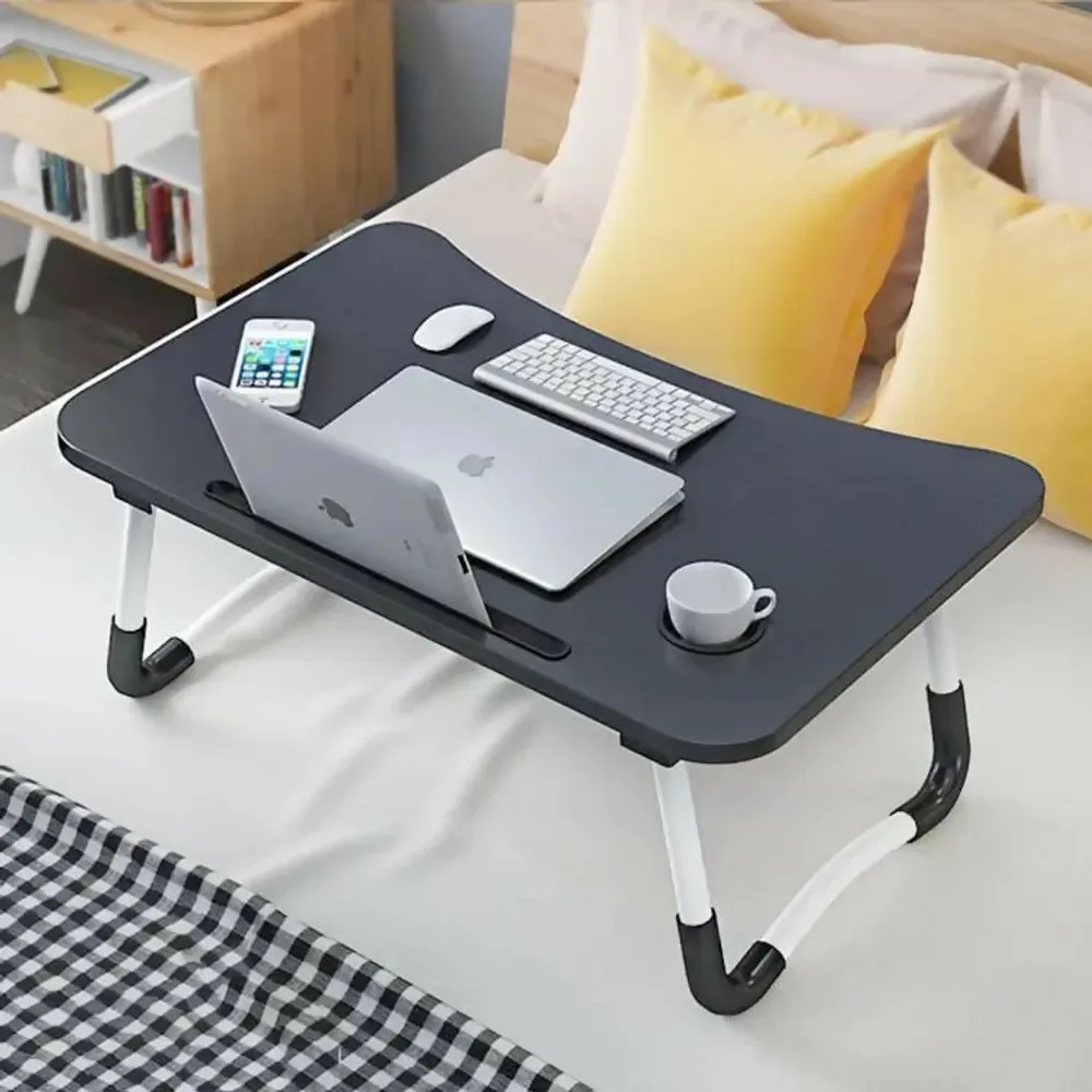 Folding laptop table with cup and tablet holders — retailer product image